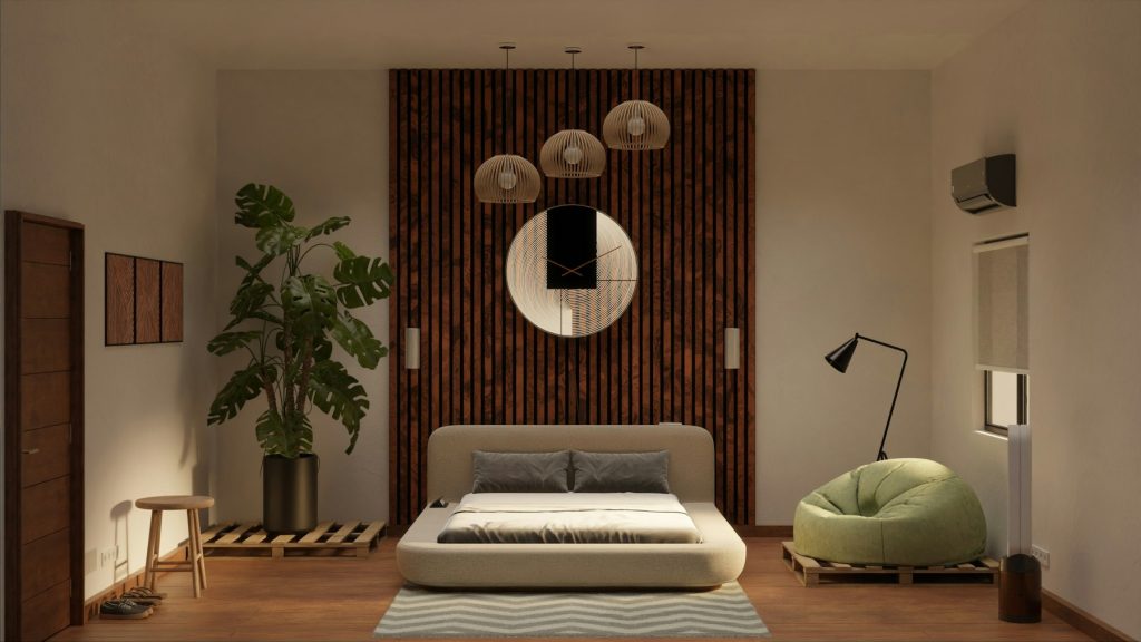 Japandi slaapkamer met laag bed, houten wand en hanglampen van riet