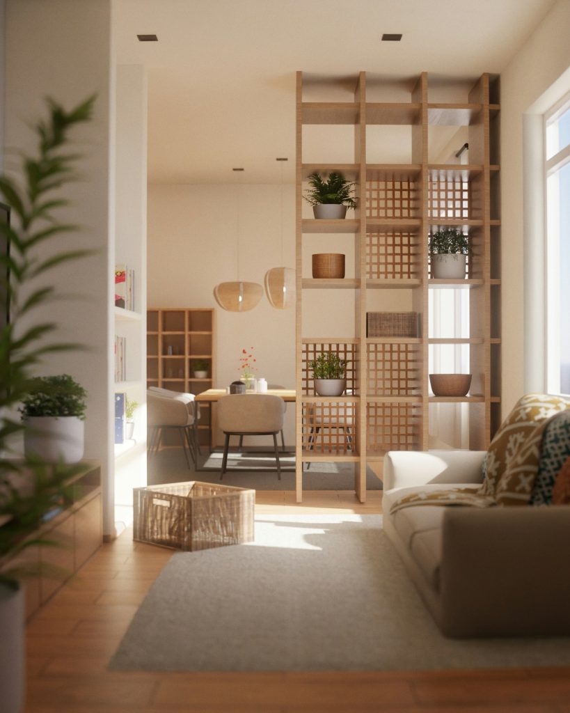 Japandi woonkamer met lichte houten wandkast, lage bank en hanglampen van papier